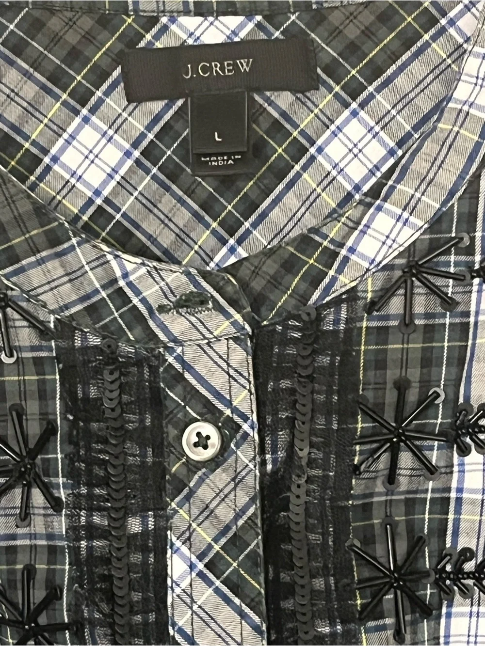 J. Crew Black, White & Blue Plaid Ruffle-Front Button-Down Women’s Shirt Size L